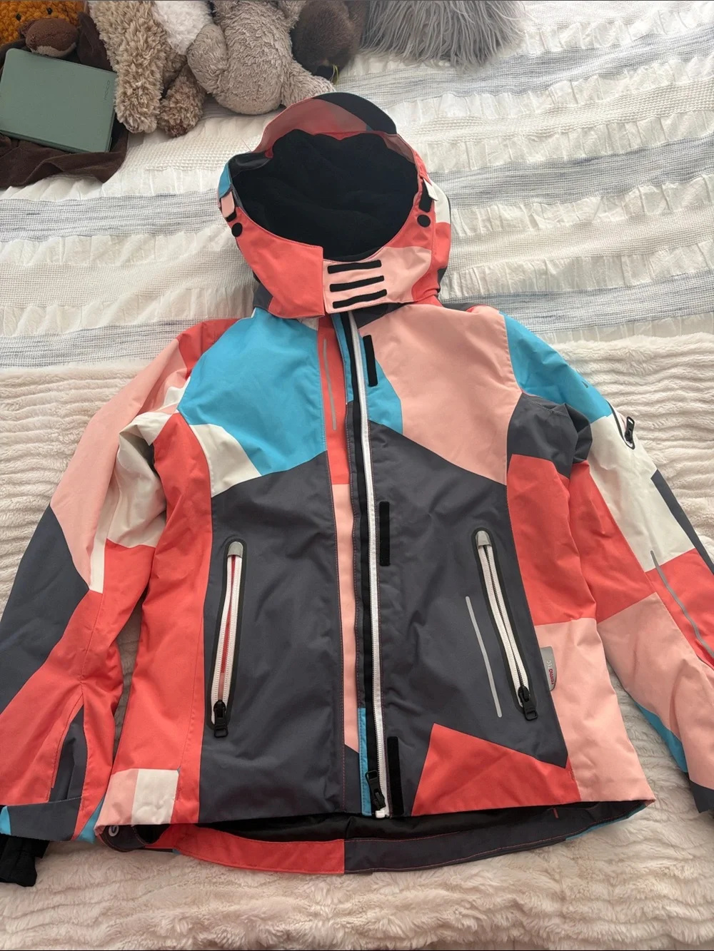 Kids Colorblock Ski Puffer Jacket - Coral, Pink & Blue